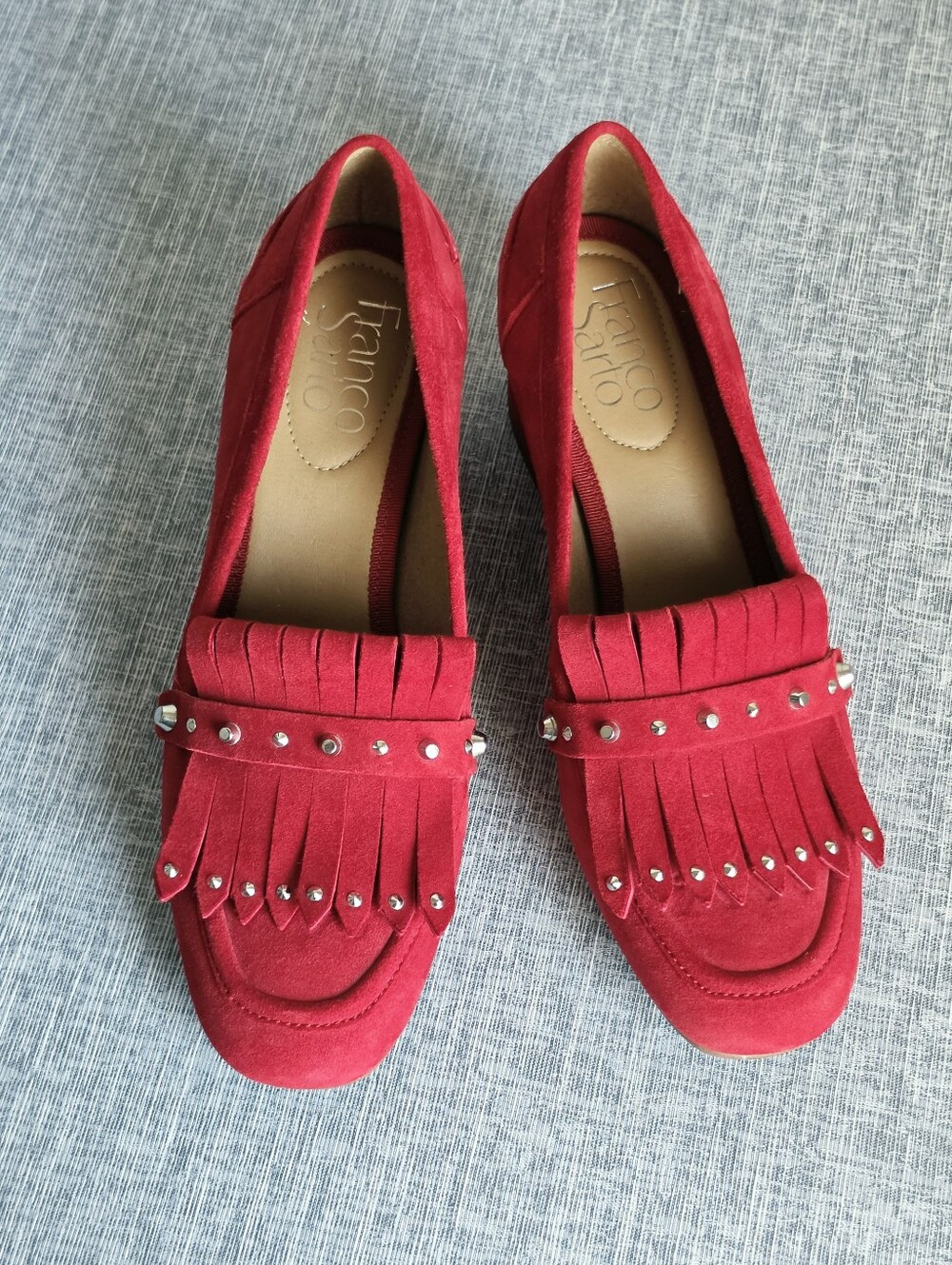 Franco Sarto Red Suede Block Heel Slip On Loafers Tassel Studded Size 6.5